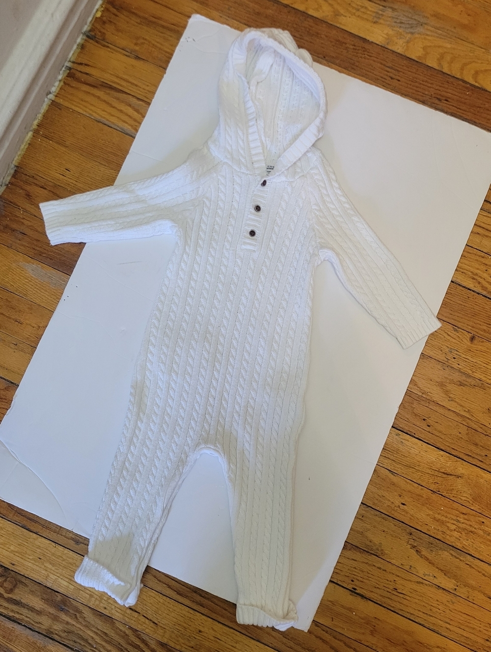 Janie and Jack Cream Cable Knit Hooded Bear Baby Romper Old Money Baby Neutral